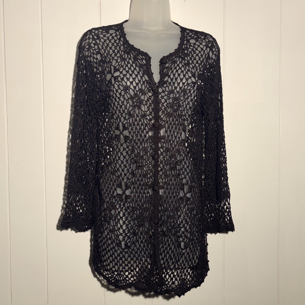Y2K‎ Vintage Brown Crochet Open Knit Cardigan Longline Button Front Medium Boho